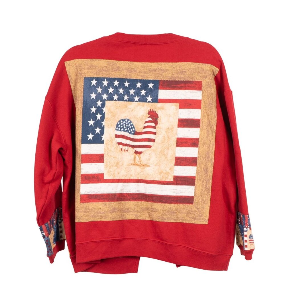 Patriotic Patchwork Cardigan Sweatshirt L XL Rooster Stars July 4th USA 90s Mom - Picture 4 of 5